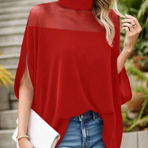 Red Casual Women's Stand Collar Mesh Hollow Blouse - Picture 5 of 7